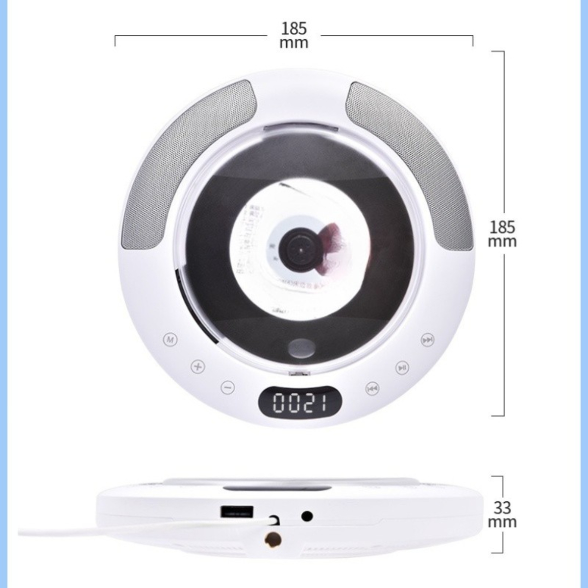 Ein weißer und schwarzer tragbarer CD-Player mit Abmessungen und Tasten.