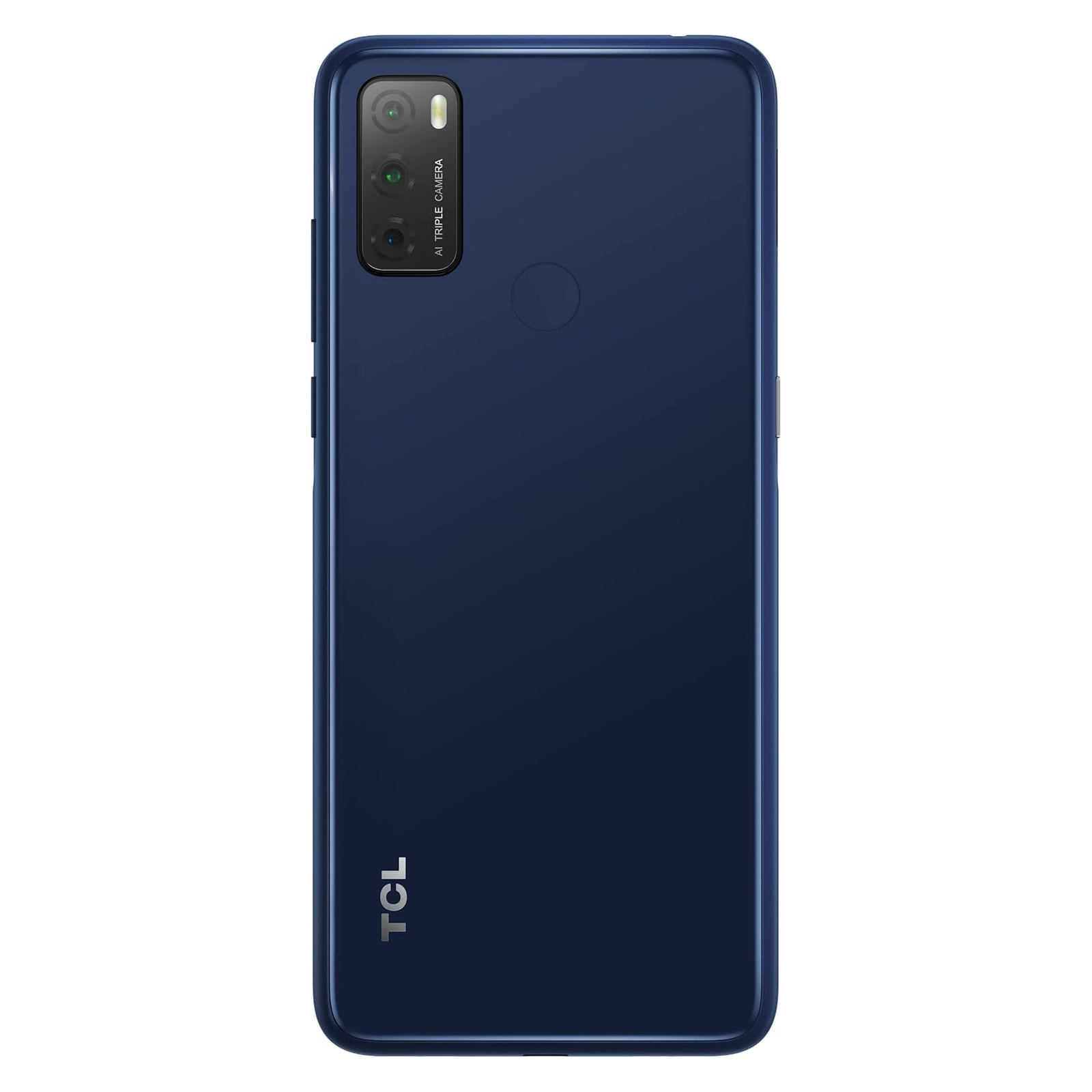 Ciemnoniebieski telefon TCL z potrójnym aparatem i logo TCL z tyłu.
