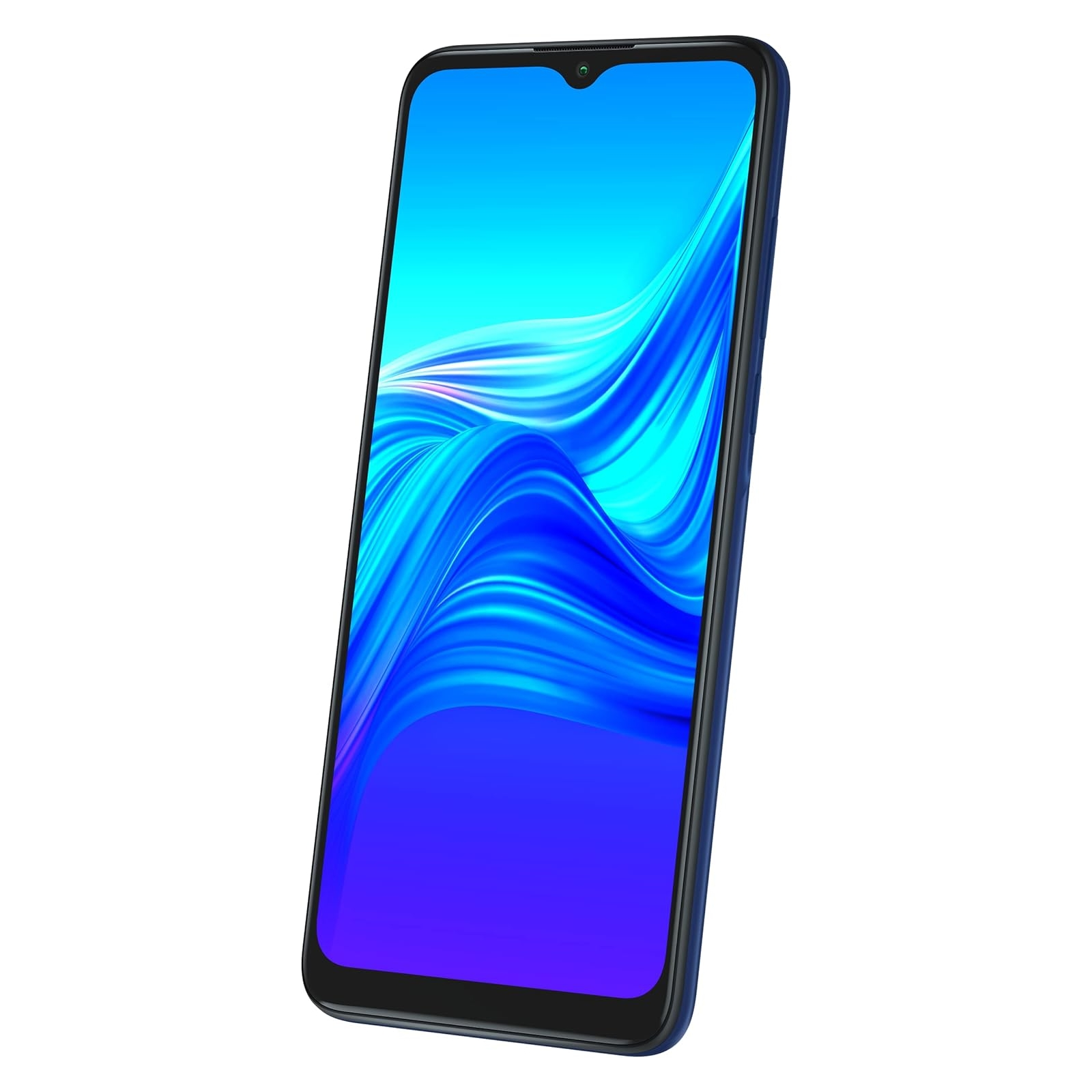 Niebieski smartfon, skierowany w górę, prezentujący niebieski, płynący wzór na ekranie.