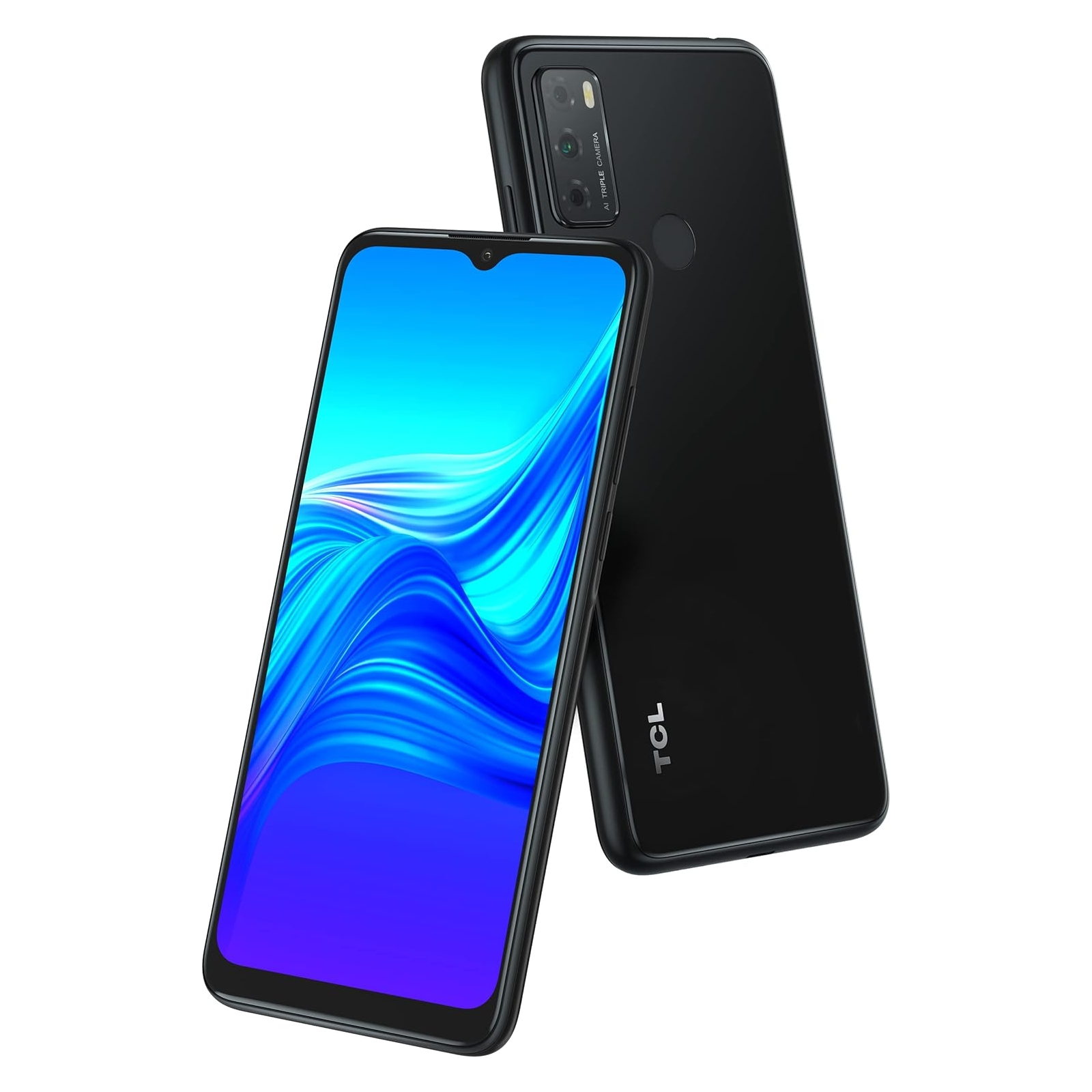Dwa czarne telefony TCL na białym tle, jeden z niebieskim ekranem.