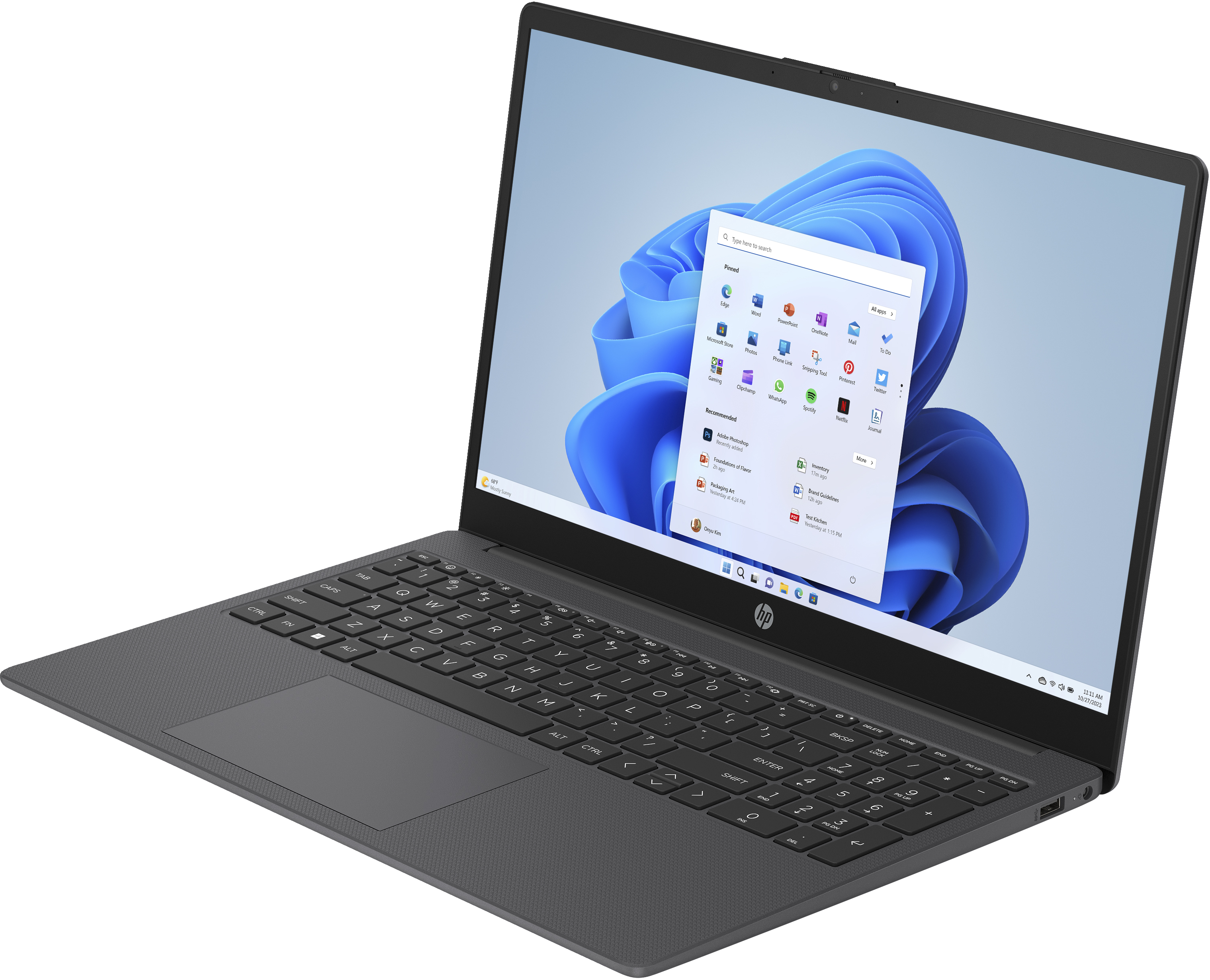 Laptop su una superficie bianca, aperto. Lo schermo mostra l'interfaccia di Windows. Grigio.