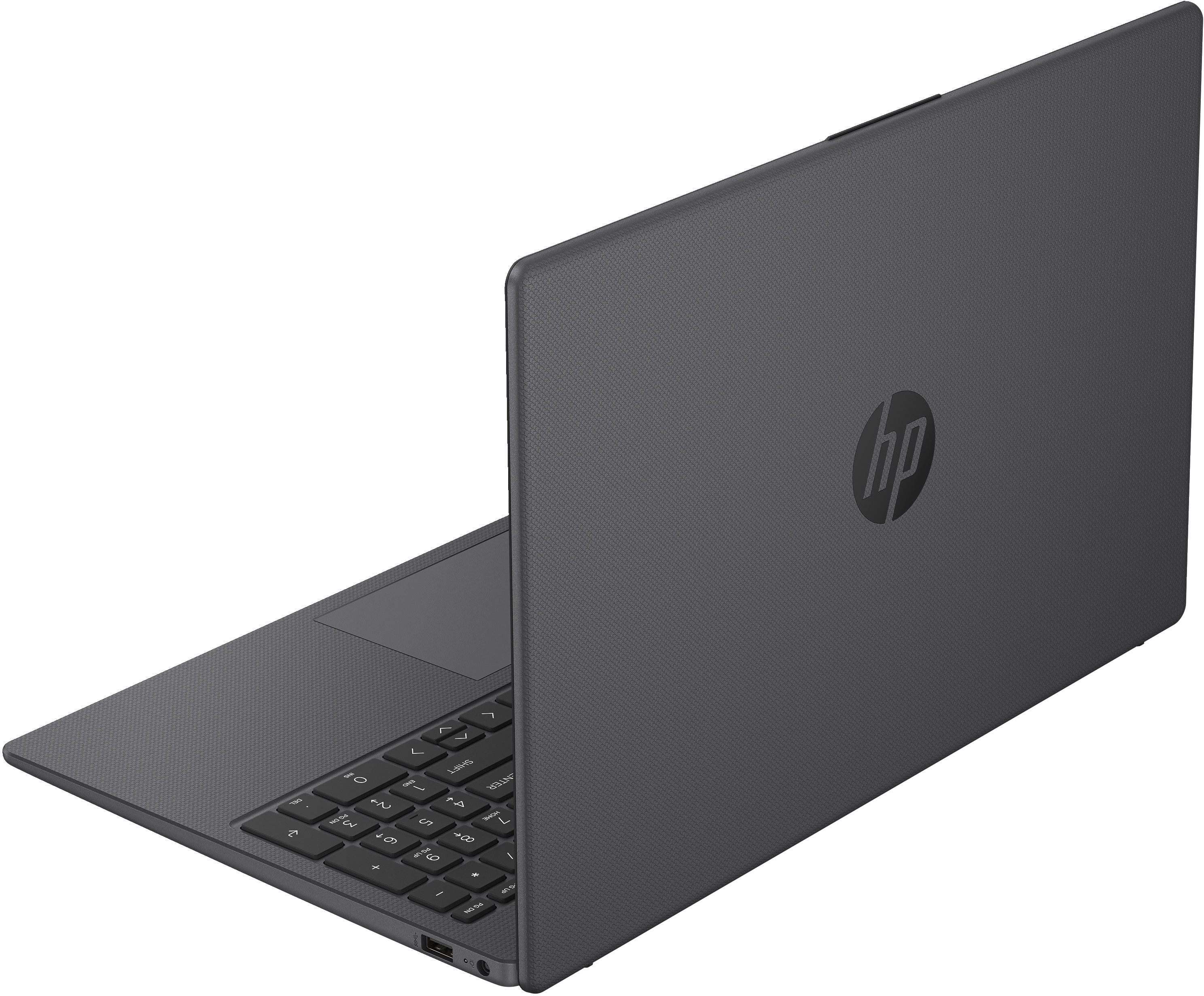 Laptop grigio scuro, vista angolata. Logo HP visibile. Tastiera e trackpad.
