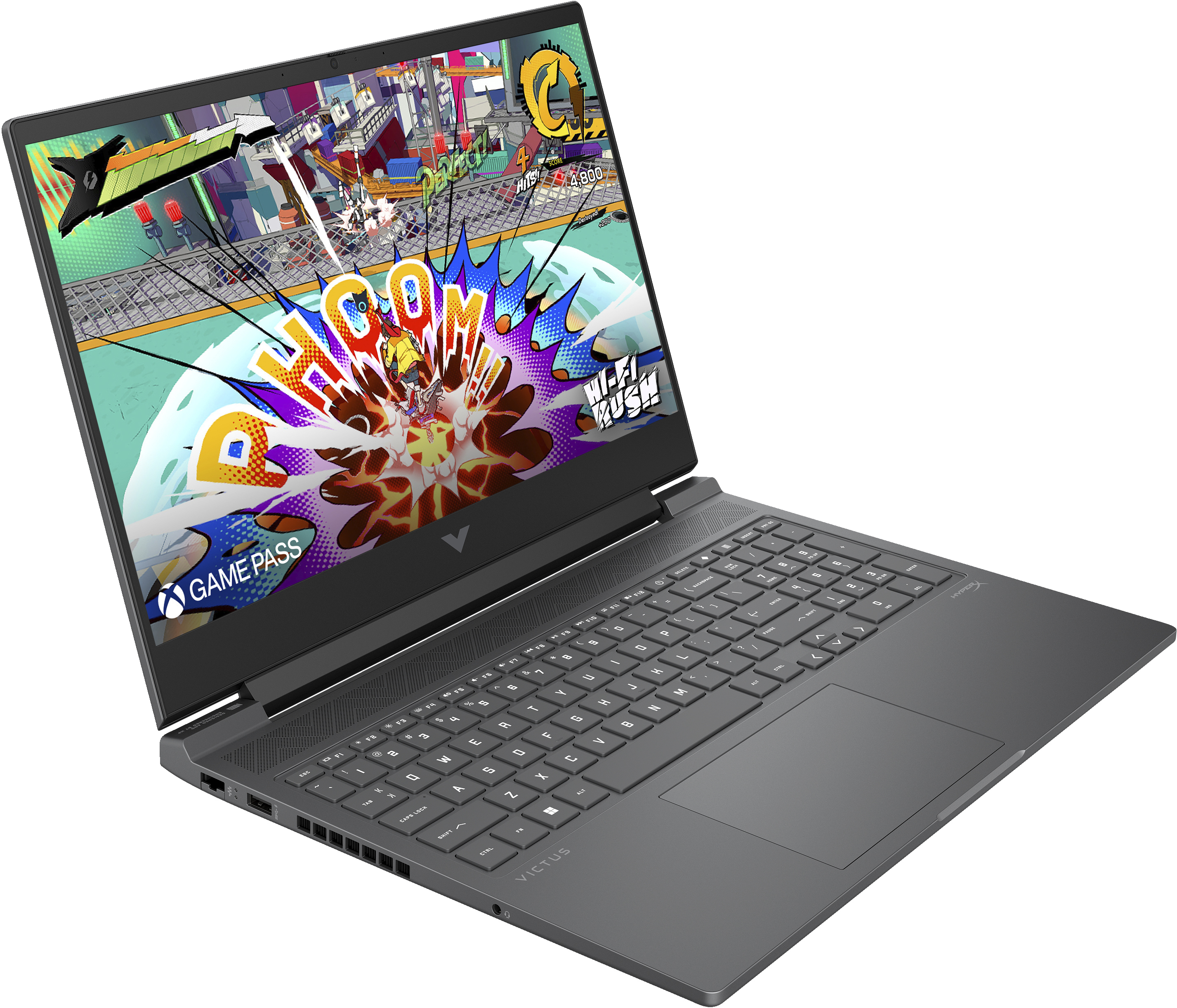 Laptop, der eine farbenfrohe Spielszene mit Text und Tastatur zeigt.