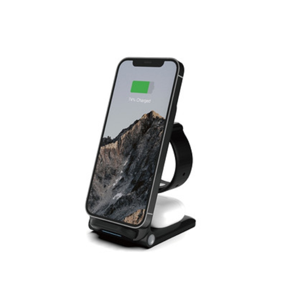 Station de charge noire avec téléphone, montre et écouteurs sur fond blanc.