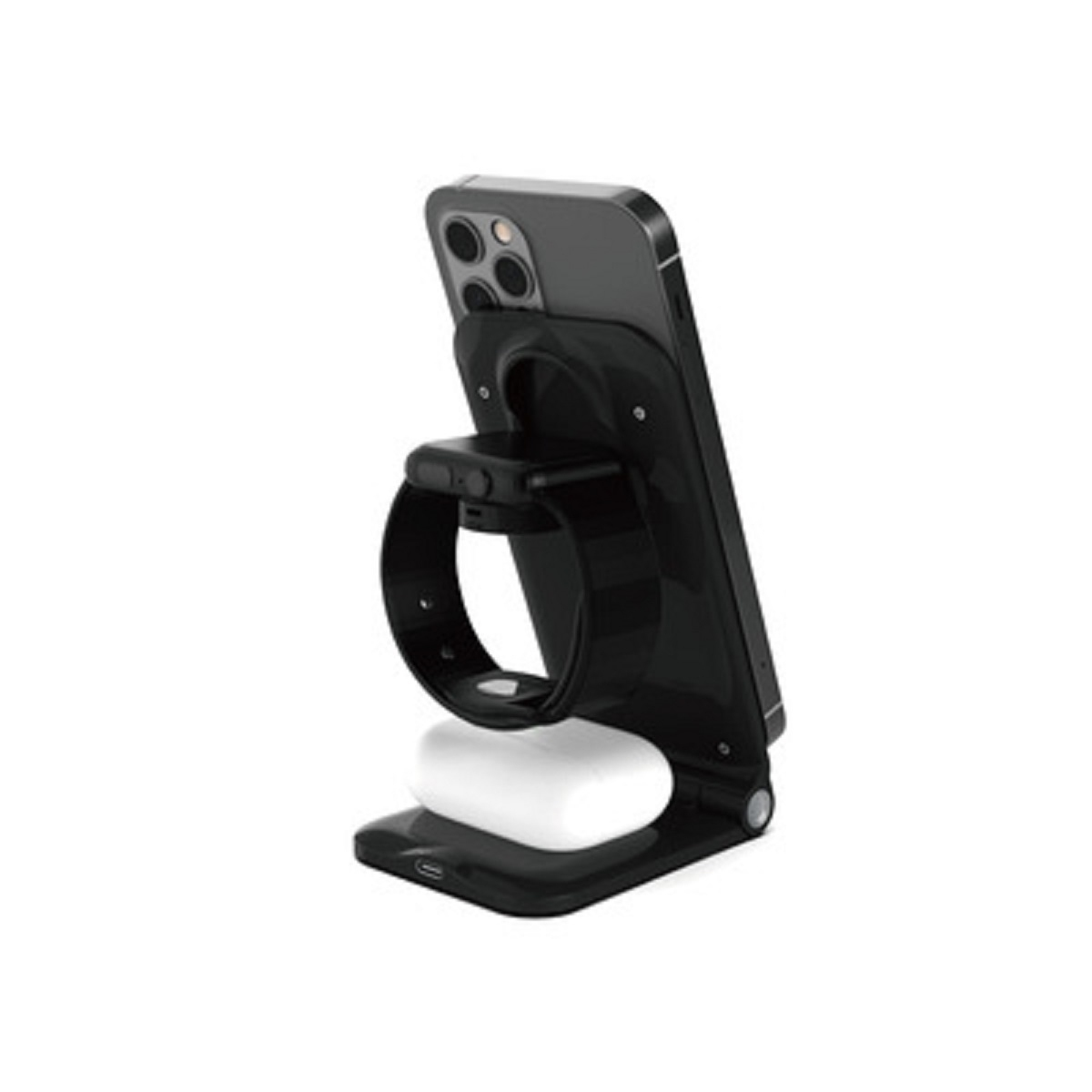 Un support de téléphone noir avec un téléphone, une montre et des écouteurs.