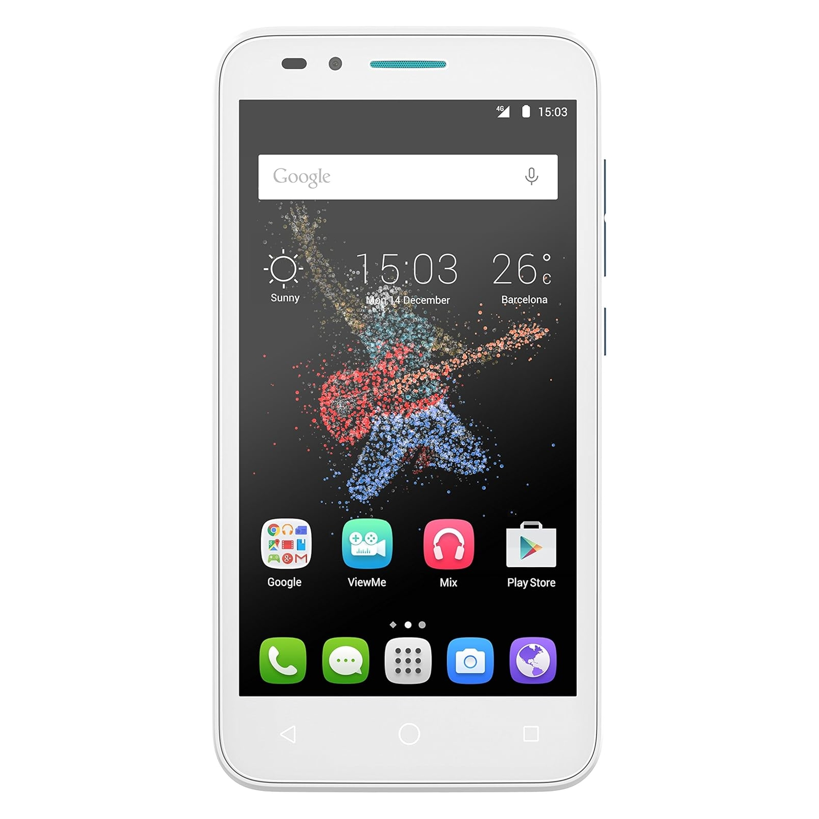 Smartphone bianco con uno schermo che mostra un layout di app. Lo sfondo è bianco.