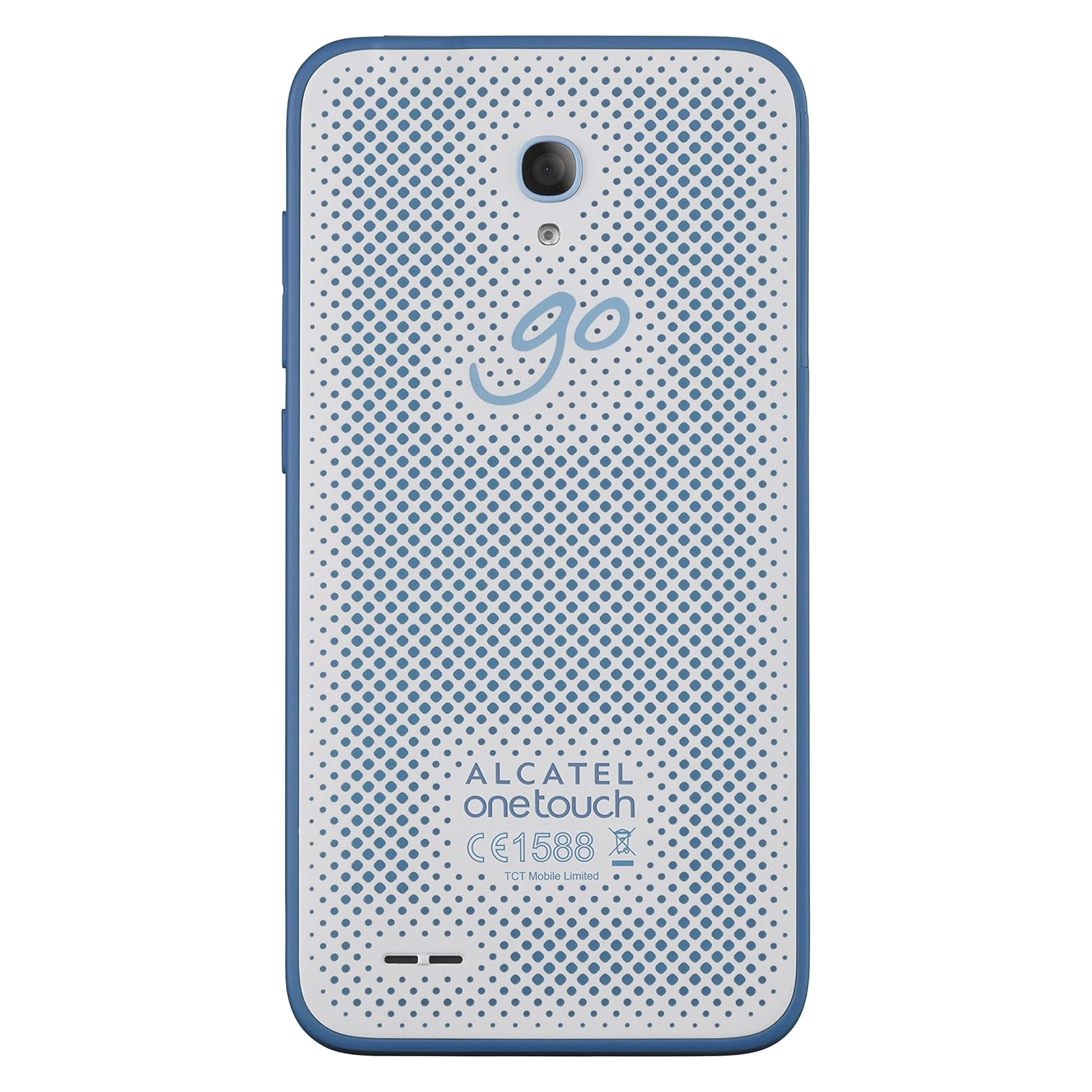 Il retro di un telefono Alcatel OneTouch, blu e bianco con un motivo a pois.
