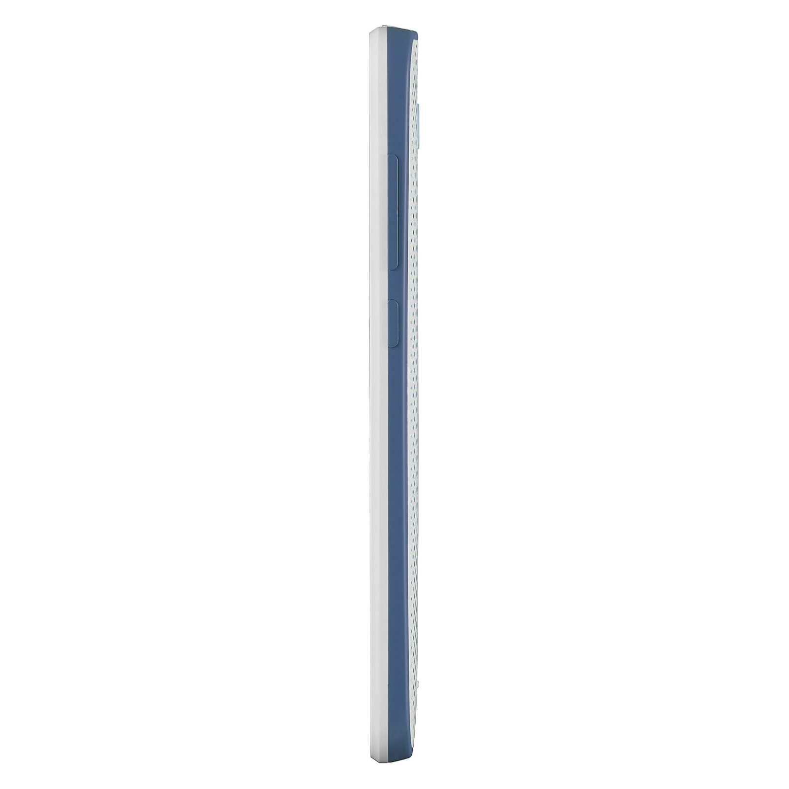 Uno smartphone blu e bianco in piedi, vista laterale.