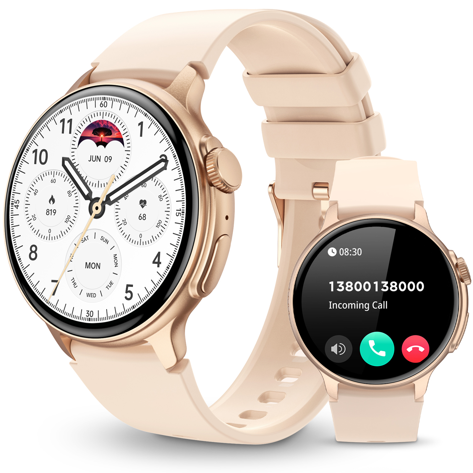 Zwei Smartwatches, eine zeigt die Uhrzeit, die andere einen eingehenden Anruf mit Telefonnummer.