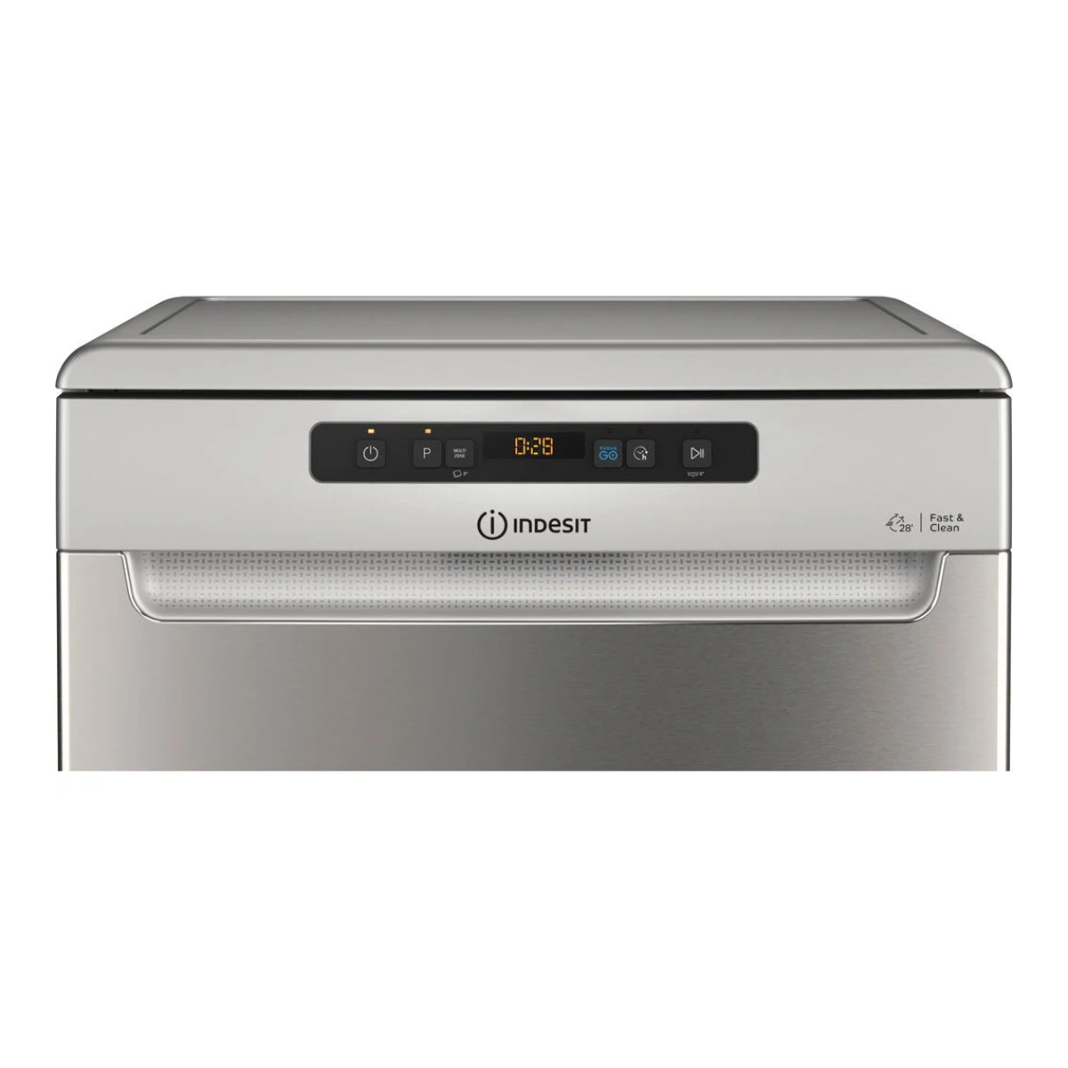 Lavastoviglie Indesit argentata, vista frontale. Ha un display digitale e il logo Indesit.