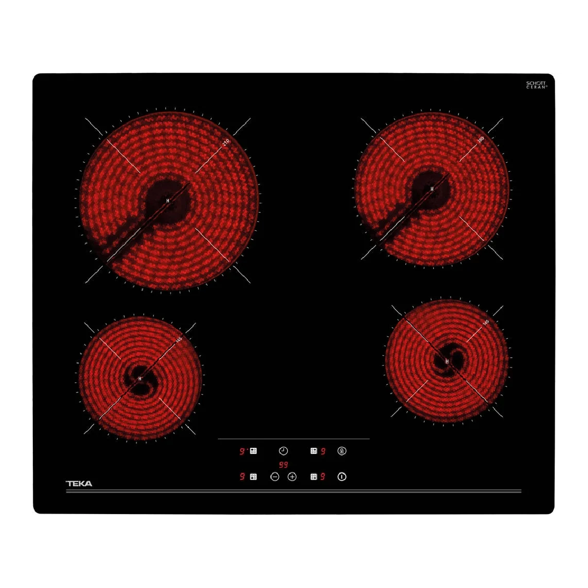 Czarna płyta grzewcza z czterema czerwonymi elementami grzewczymi, czarna powierzchnia.