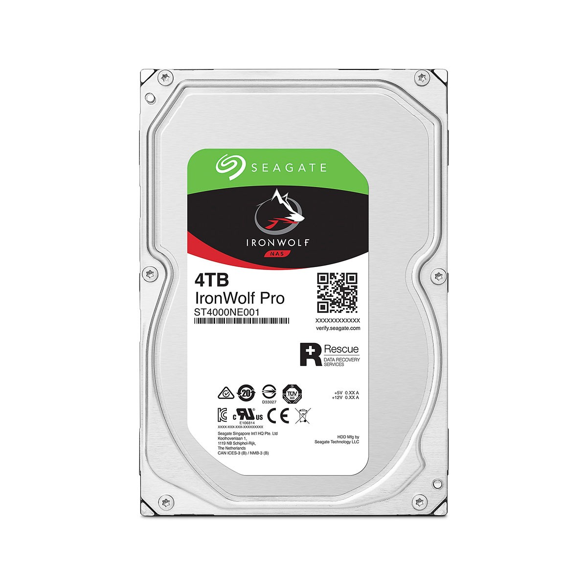 Disco duro Seagate IronWolf Pro 4TB. Etiqueta muestra detalles y códigos QR.