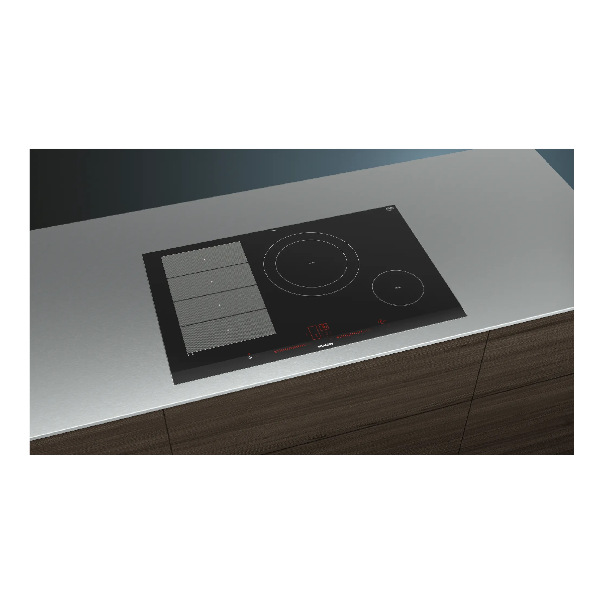 Czarna płyta indukcyjna z dwoma palnikami i elementami sterującymi.