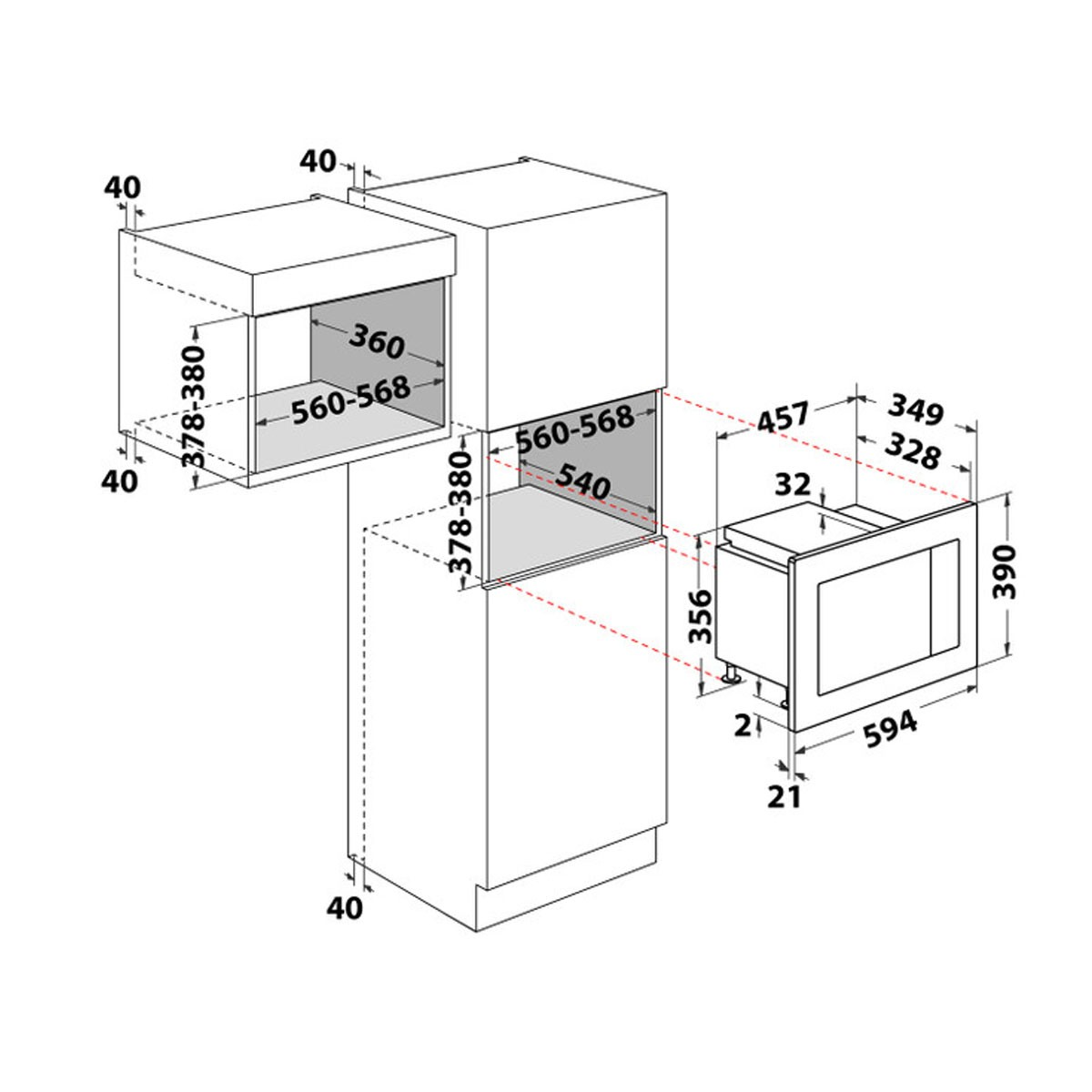 Schemat wbudowanych urządzeń kuchennych. Podano wymiary i etykiety.