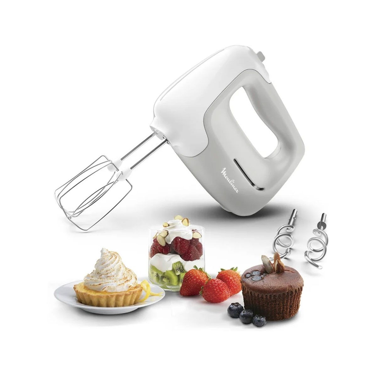 Handmixer mit Zubehör, Cupcakes und Desserts. Weiß und grau.