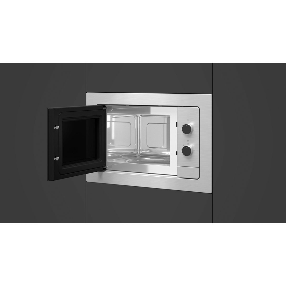 Horno microondas empotrado en la pared con la puerta abierta.
