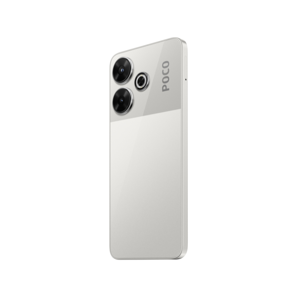 Teléfono Poco blanco con dos cámaras. El logotipo de Poco es visible en el lateral.