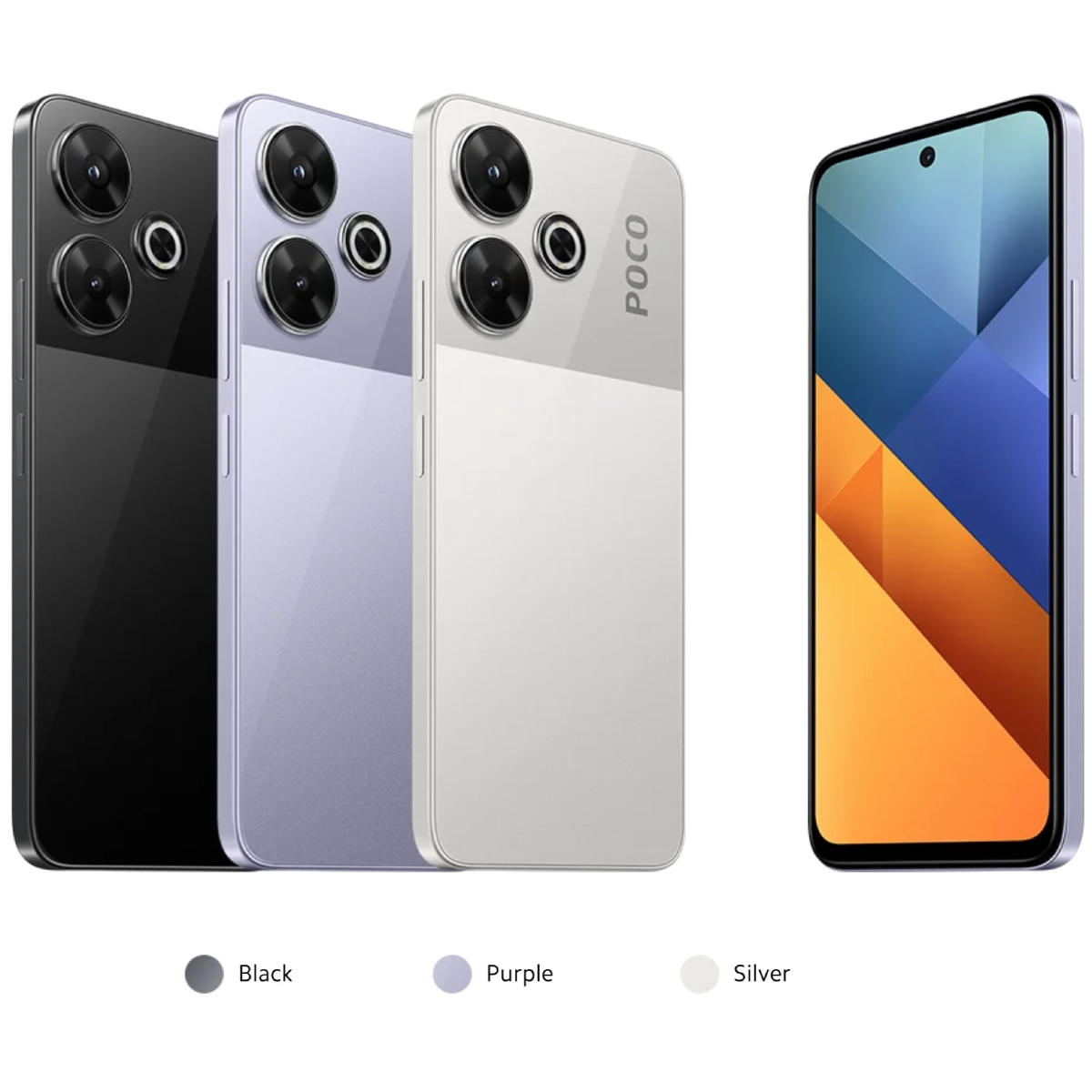 Tres smartphones en negro, morado y plateado. El teléfono de la derecha se muestra con su pantalla visible.