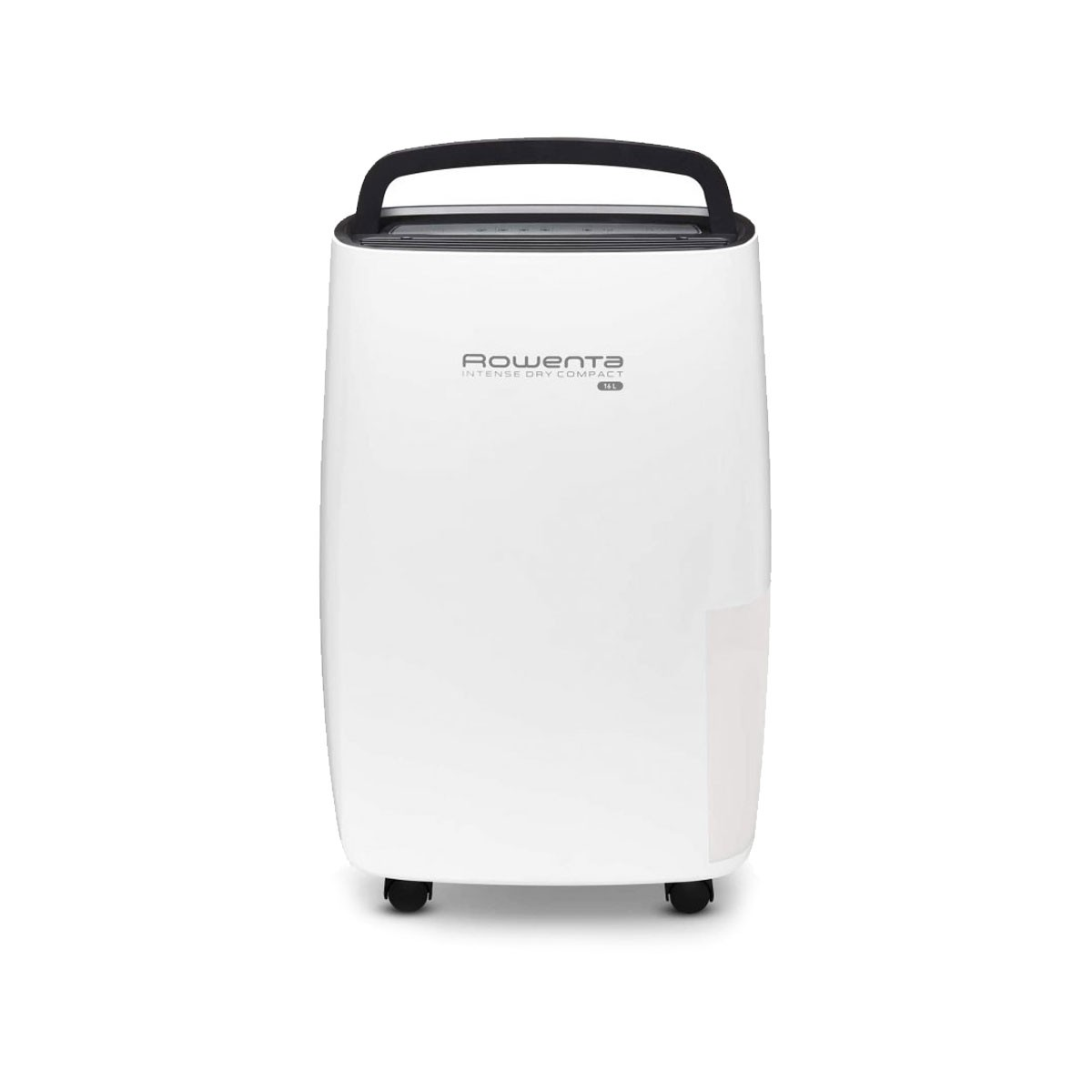 Deumidificatore Rowenta Intense Dry Compact bianco. Parte superiore e maniglia nere. Sfondo bianco.