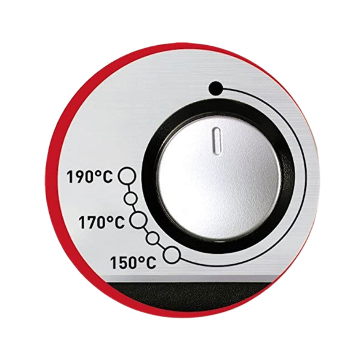 Oventemperatuurknop, zilver met zwarte markeringen. Toont 170°C. Rode cirkel achtergrond.