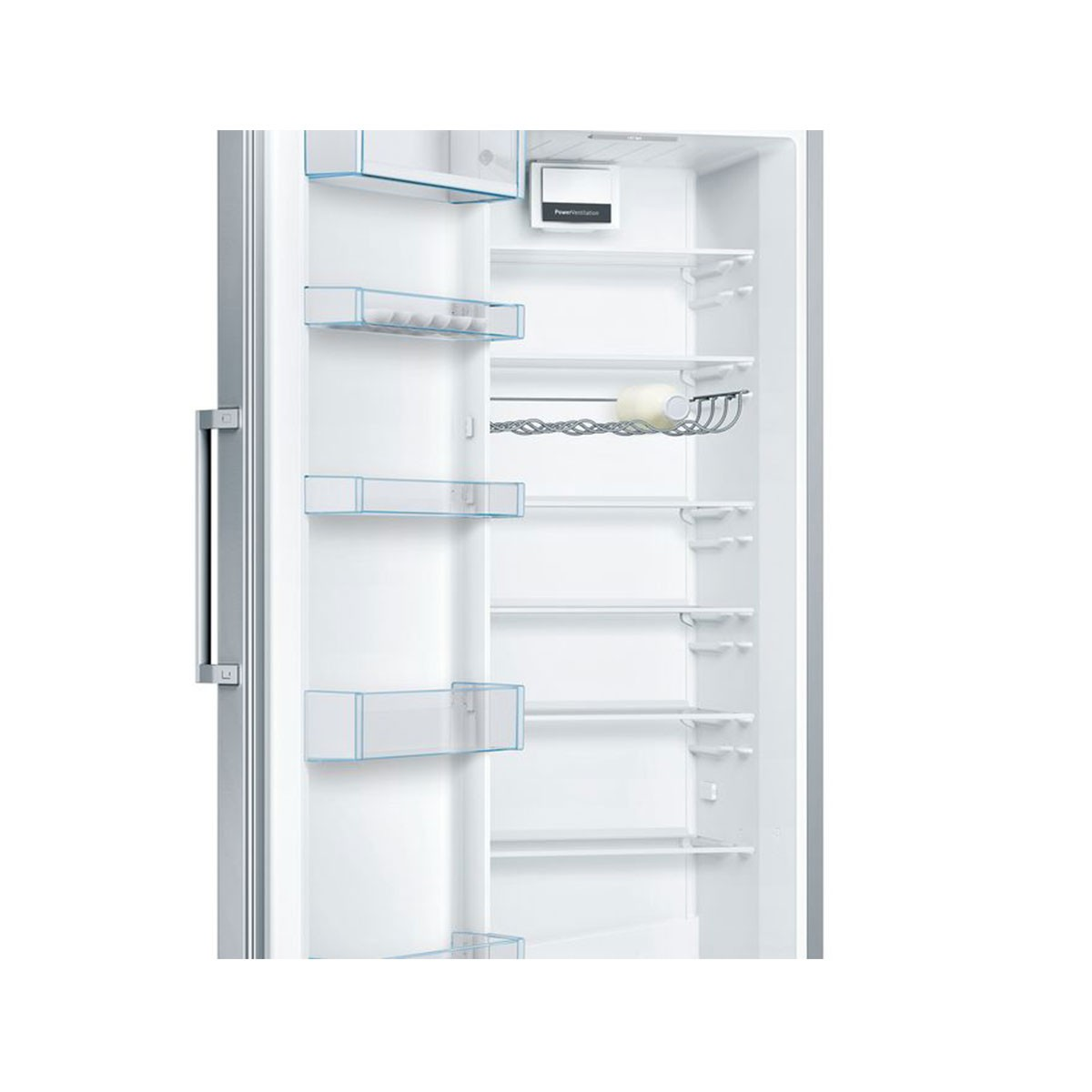 Interior de un refrigerador, mostrando estantes, huevera y cajones transparentes.