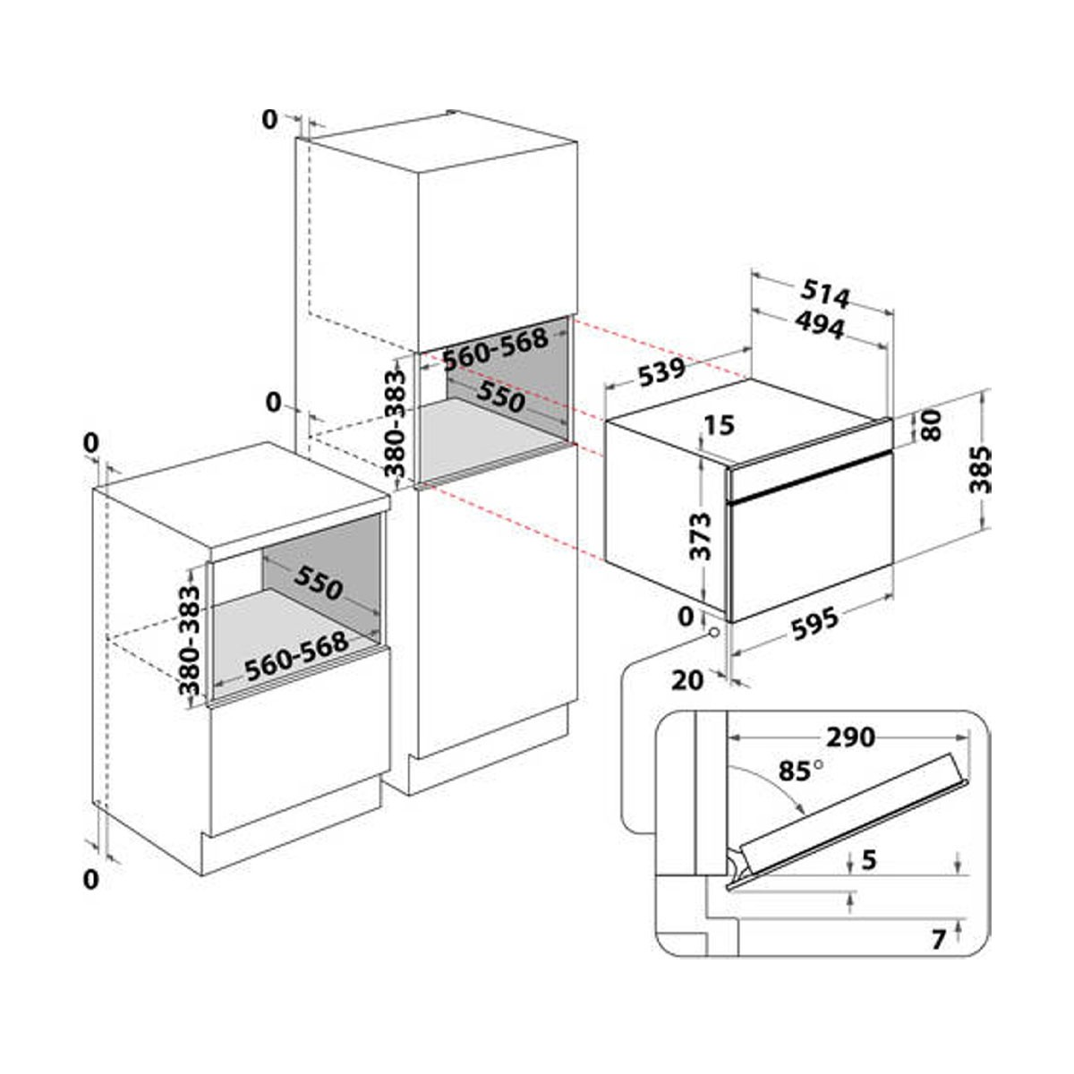 Diagramma che mostra le dimensioni di forno e microonde con misure e angoli.