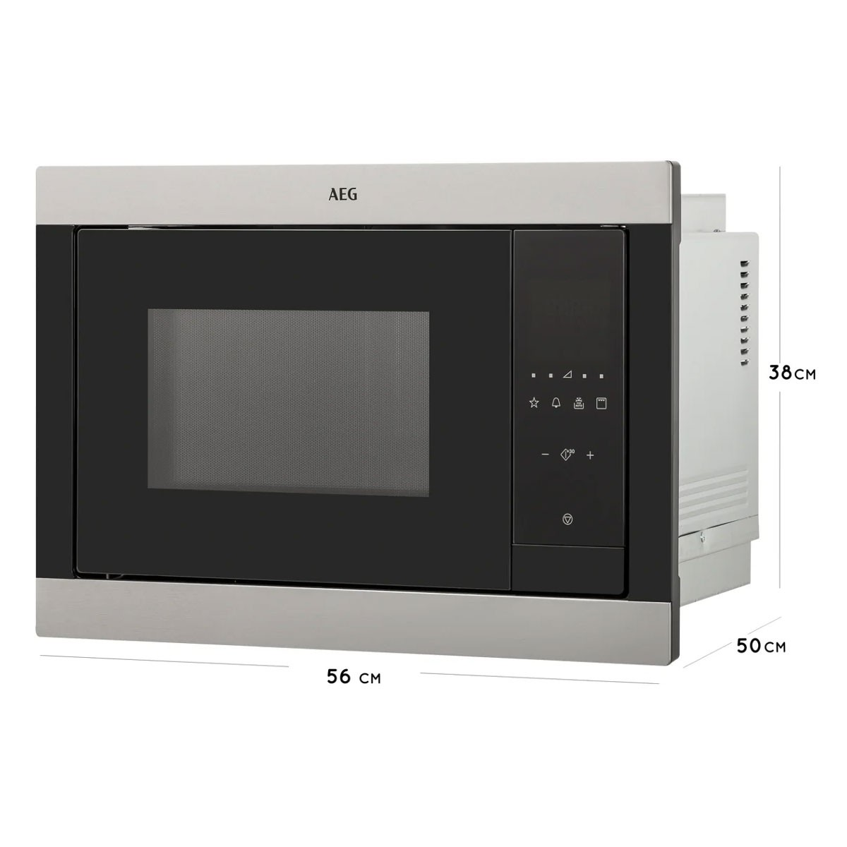 Horno microondas de acero inoxidable con dimensiones etiquetadas. Puerta negra y panel de control.