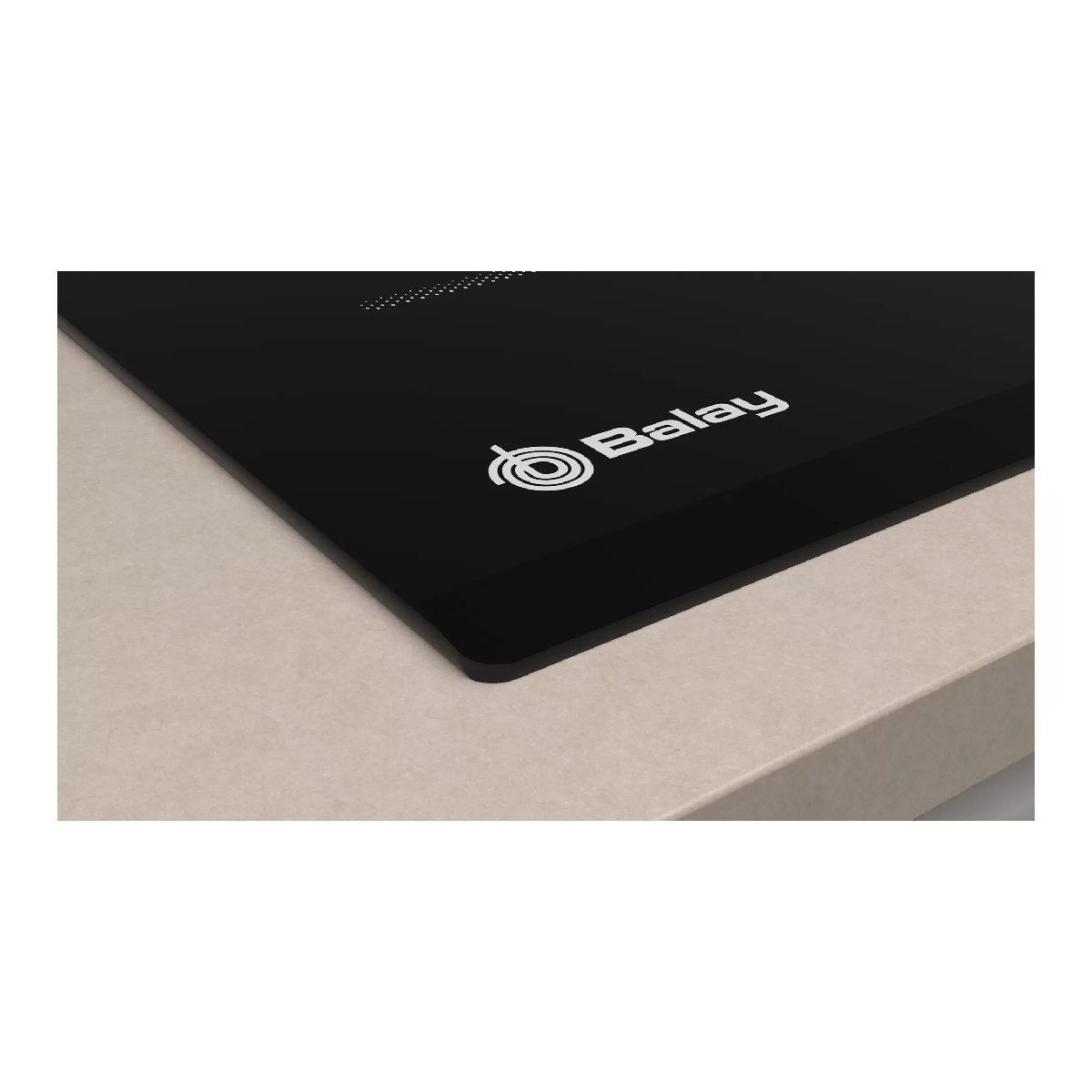 Black Balay induction hob on a beige countertop, with logo and corner detail.