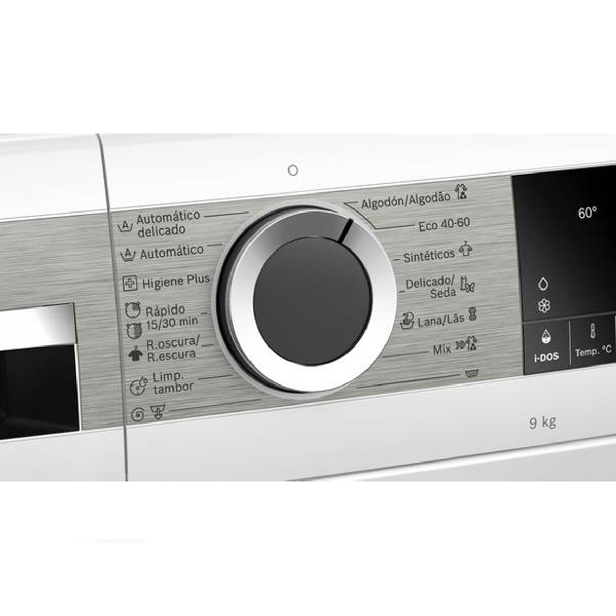 Panel sterowania pralki. Duże pokrętło z różnymi programami prania i mały wyświetlacz.