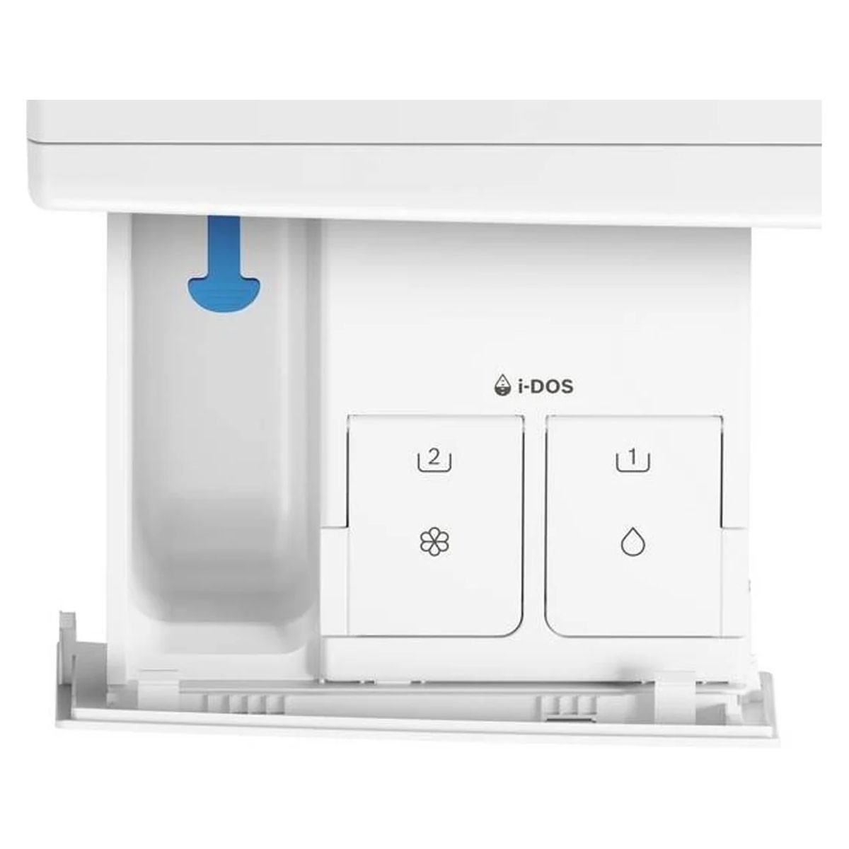 Biała szuflada pralki z przegródkami i-DOS oznaczonymi dla płynu do płukania i detergentu.