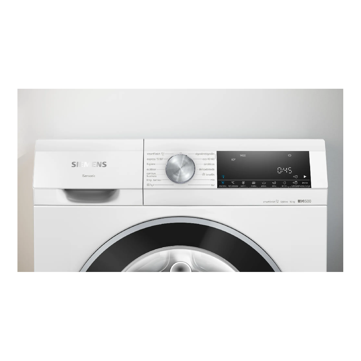 Panel de control blanco de lavadora Siemens. Tiene un dial, pantalla y botones.