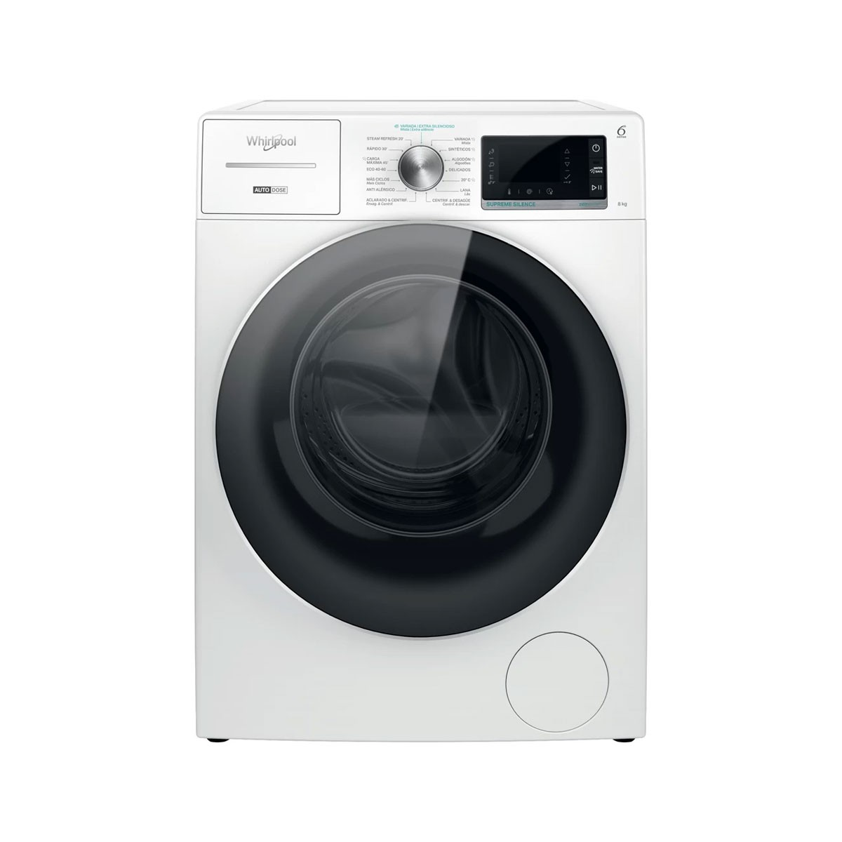 Lavadora Whirlpool blanca. Vista frontal con panel de control y puerta redonda.