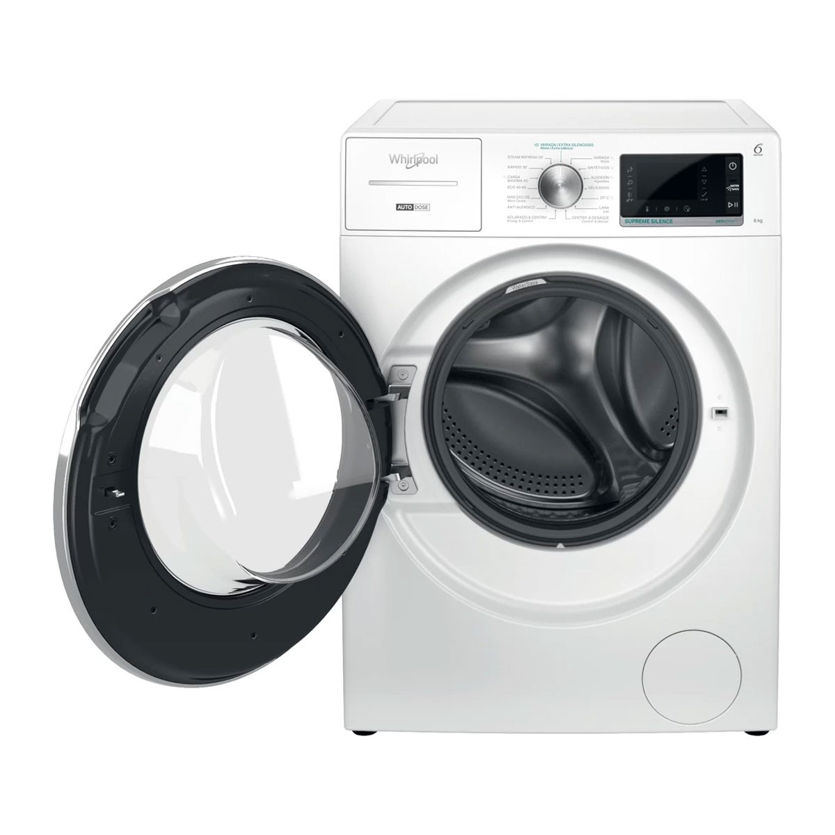 Lavadora blanca con puerta abierta, mostrando el tambor, botones y panel de control.