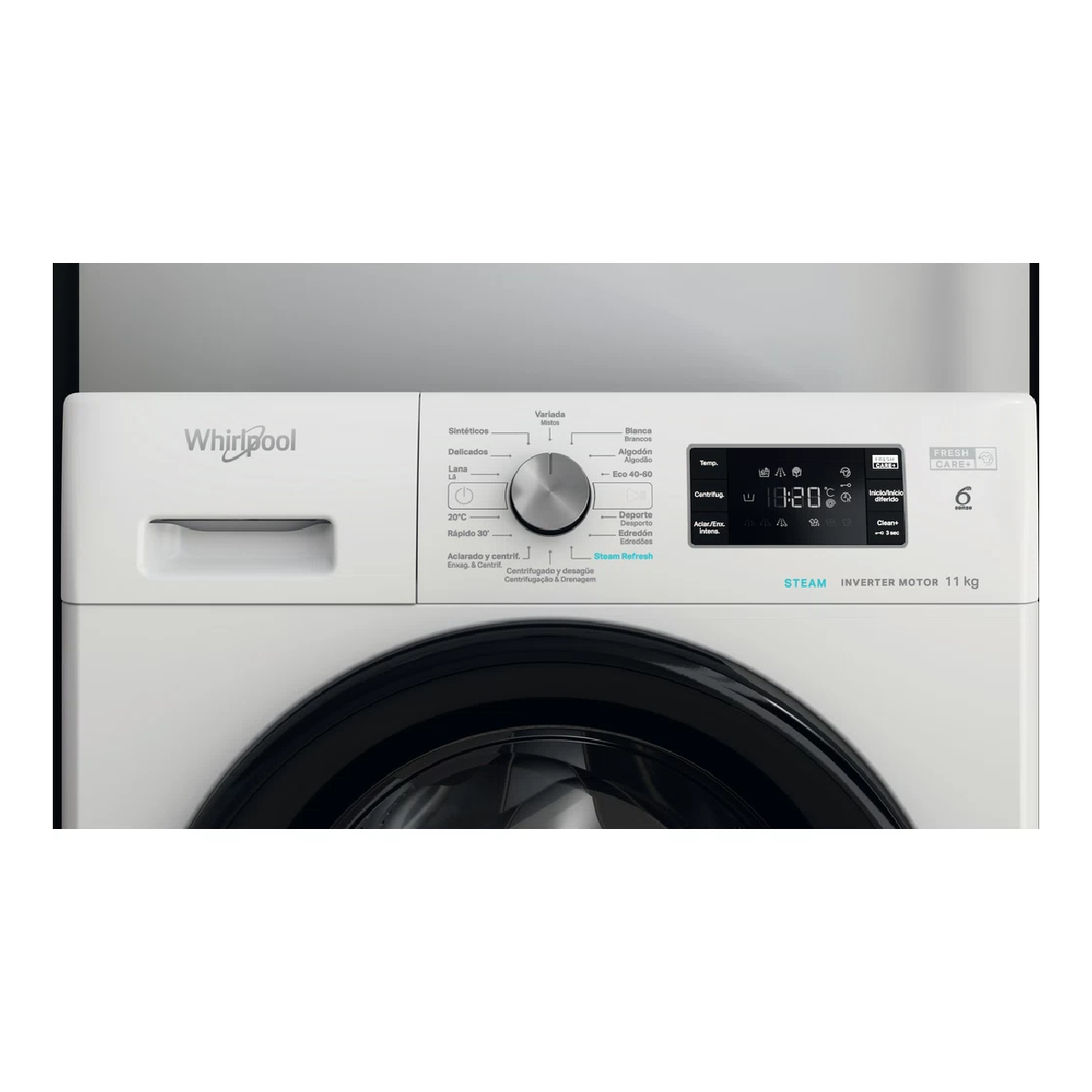 Panel de control blanco de lavadora Whirlpool, con dial, pantalla y botones. Logo visible.