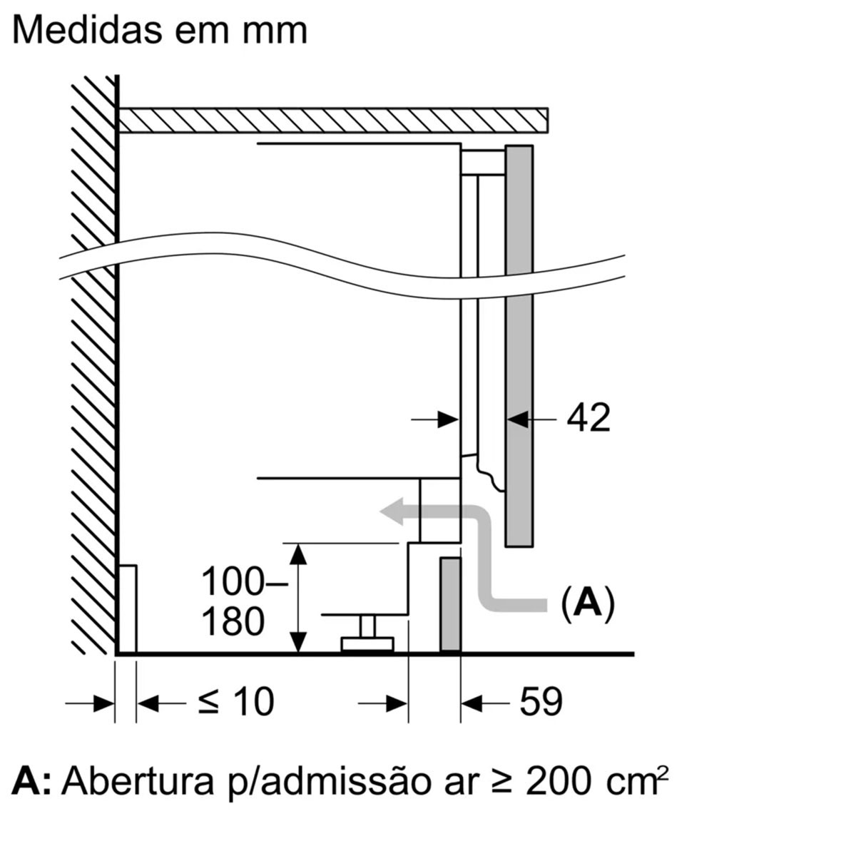 A diagram of a kitchen appliance, showing dimensions and air intake details in black and white.