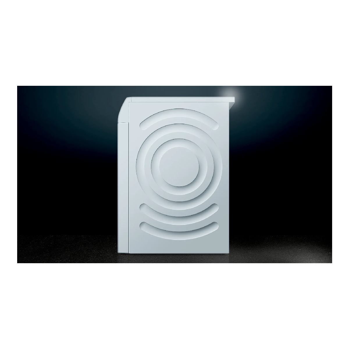 Lavadora blanca con diseño circular en la parte delantera, sobre un fondo oscuro.