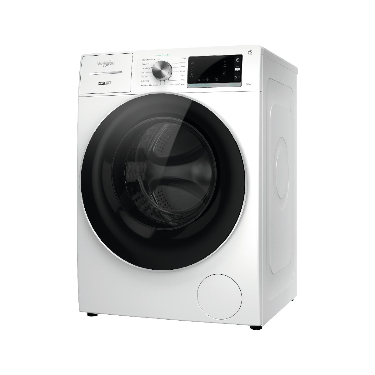 Una lavatrice Whirlpool bianca con porta e pannello di controllo neri.
