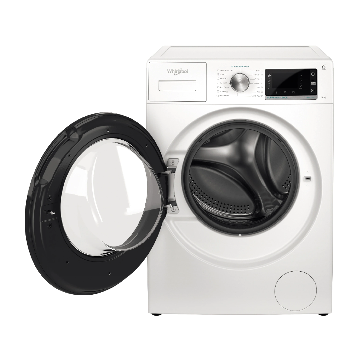 Lavatrice Whirlpool bianca con la porta aperta, mostrando il cestello.