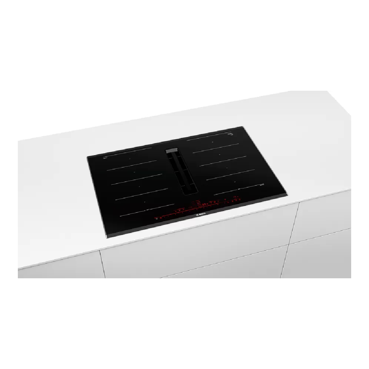 Czarna płyta grzewcza na białym blacie. Czerwony wyświetlacz na dole. Nowoczesny design kuchni.