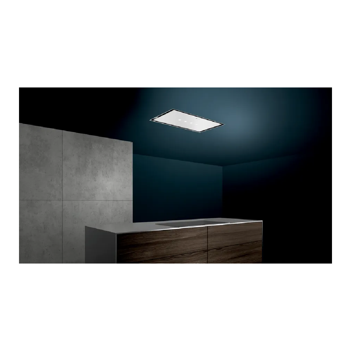 Kitchen with a dark wood countertop, a gray concrete wall, and a black and silver range hood.