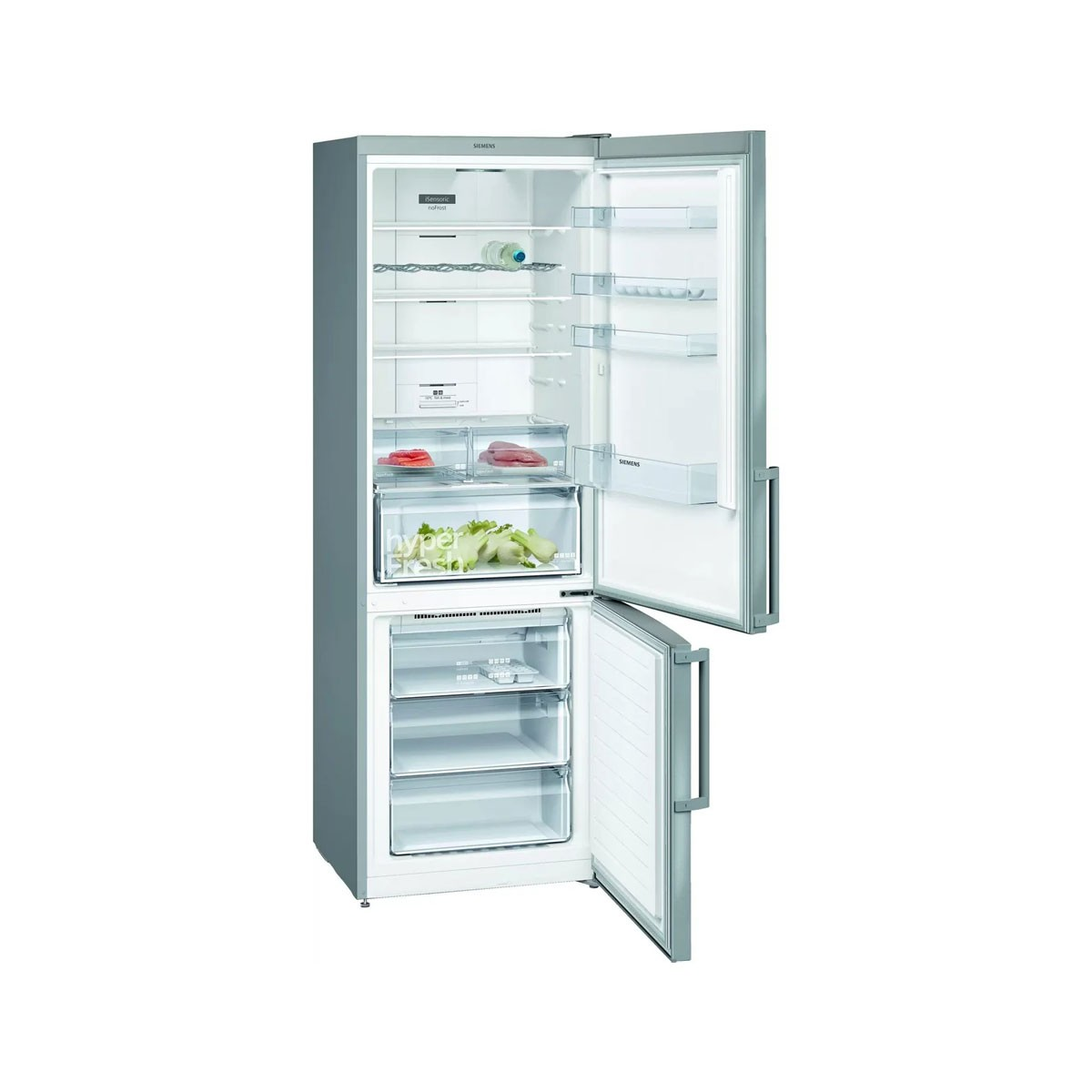 Refrigerador con puertas abiertas. Se ven estantes interiores con alimentos dentro.