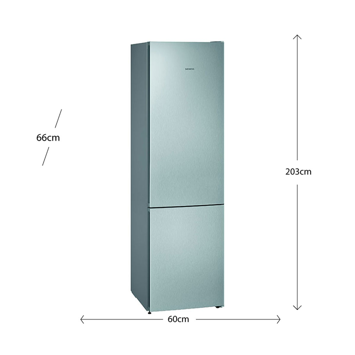 Refrigerador plateado de dos puertas, dimensiones: 60 cm de ancho y 203 cm de alto.