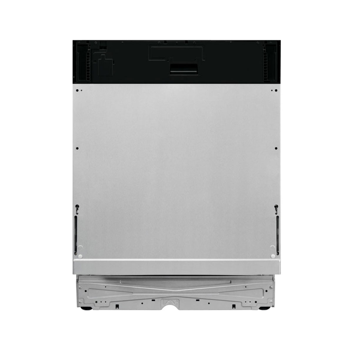 Widok z tyłu srebrnej zmywarki. Widoczny tylny panel z metalowymi elementami i śrubami.