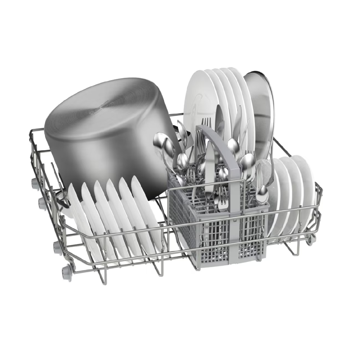 Stojak do zmywarki z naczyniami, sztućcami i garnkiem. Zawiera talerze, widelce, łyżki itp.