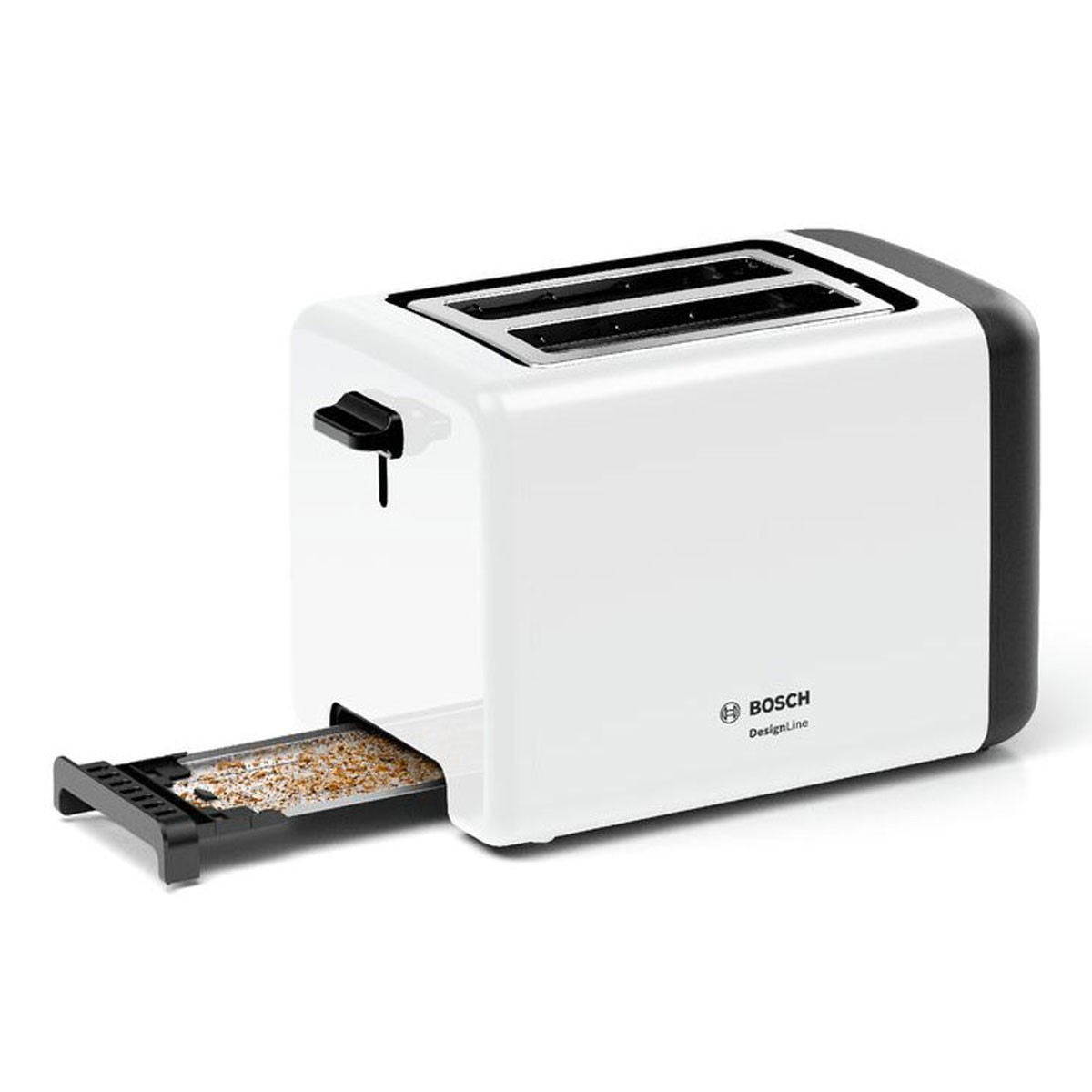 Weißer Toaster mit zwei Schlitzen und einem Hebel. Schwarze Akzente. Weißer Hintergrund.