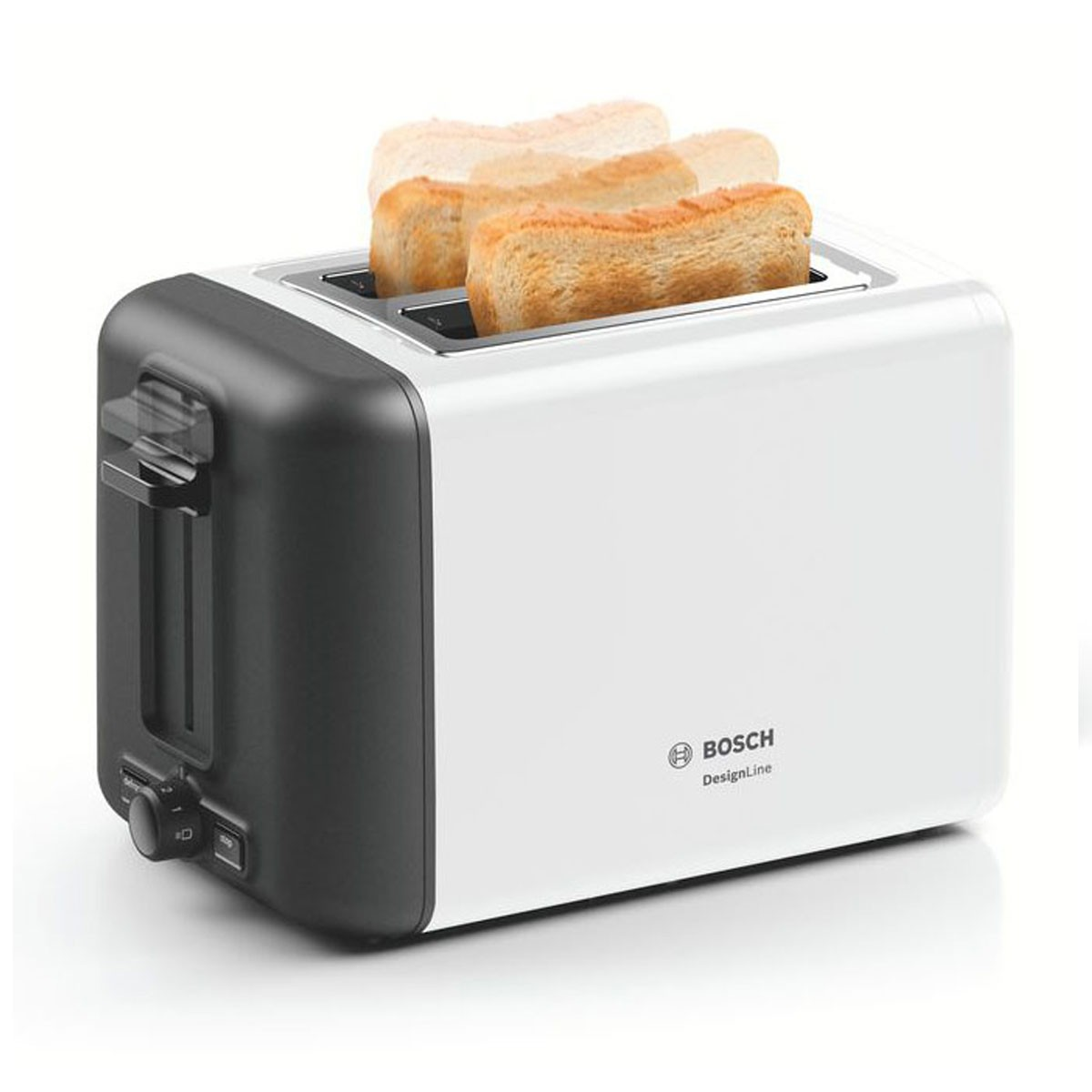 Weißer und schwarzer Toaster mit drei Brotscheiben, die herausspringen. Bosch DesignLine.