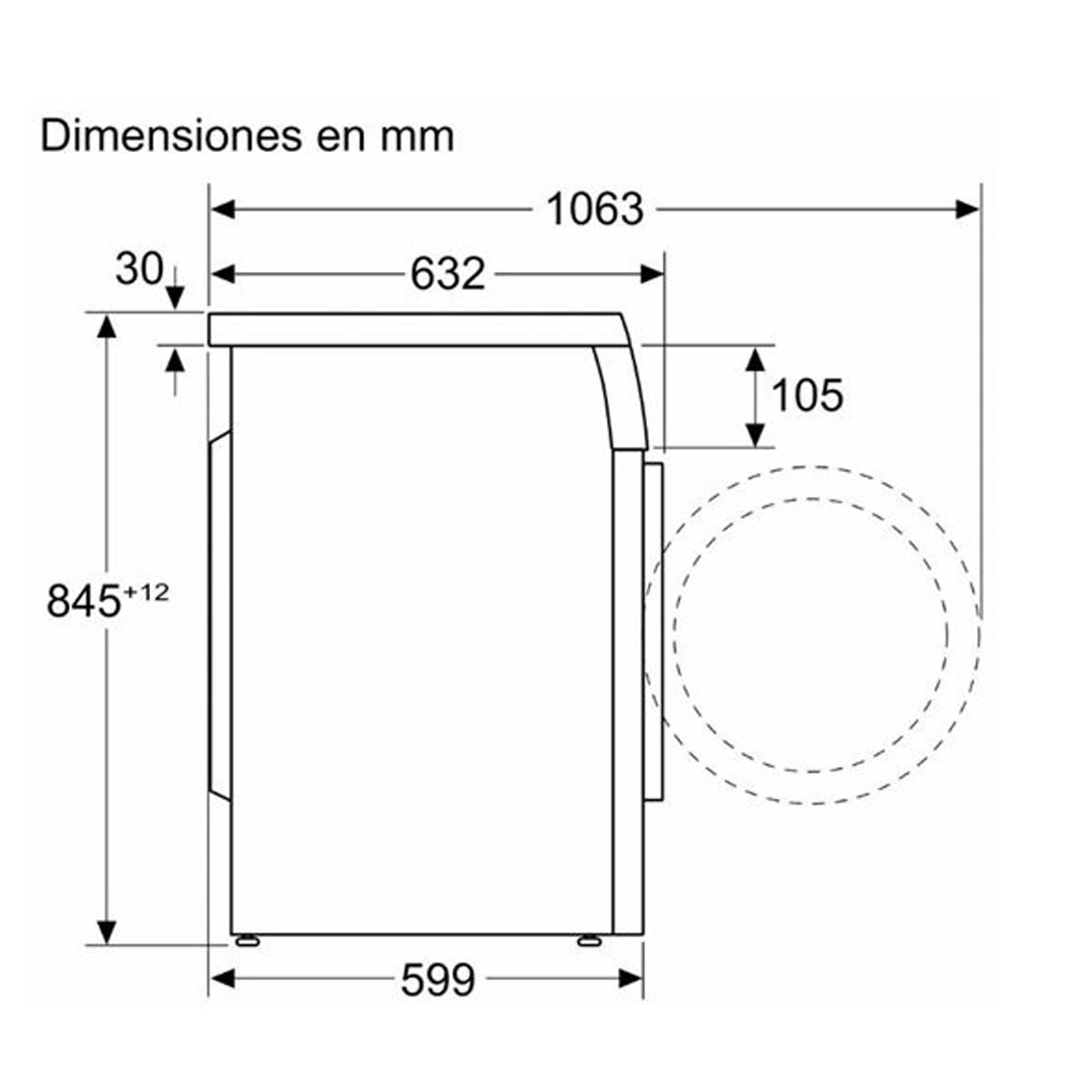 Diagrama de una lavadora, mostrando dimensiones. Las dimensiones están en milímetros.