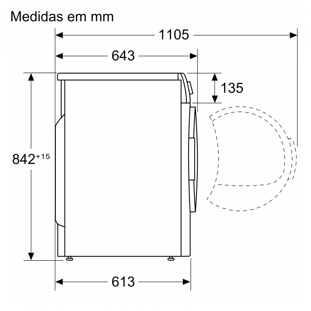 Diagramma di una lavatrice con misure. Sfondo bianco.