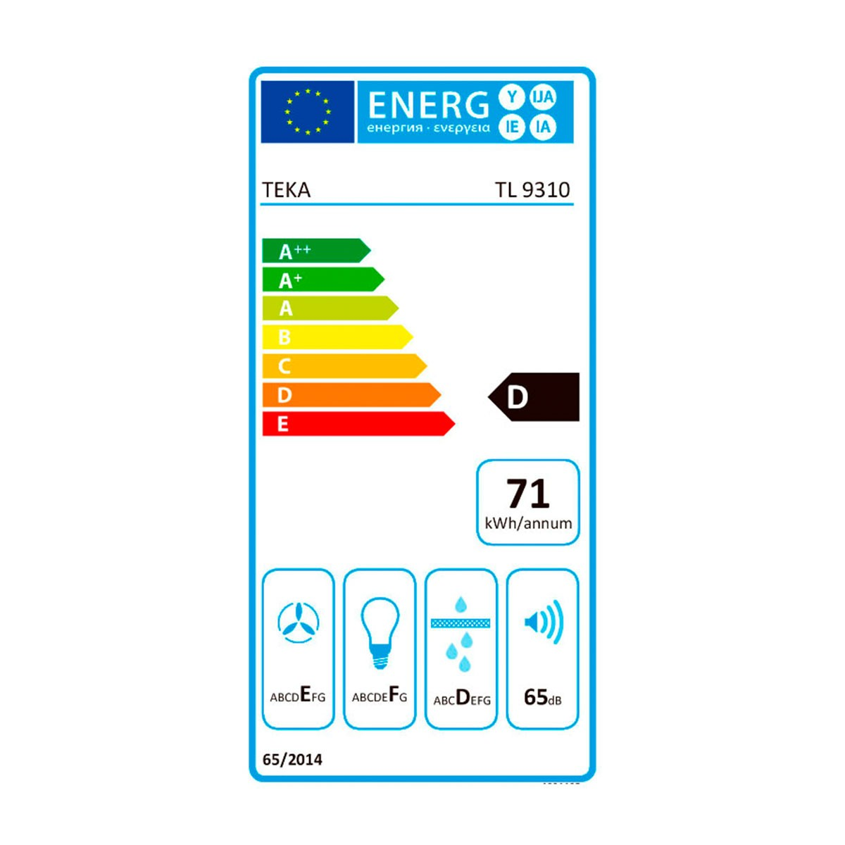Etiqueta energética con clasificaciones de A++ a E, mostrando información.