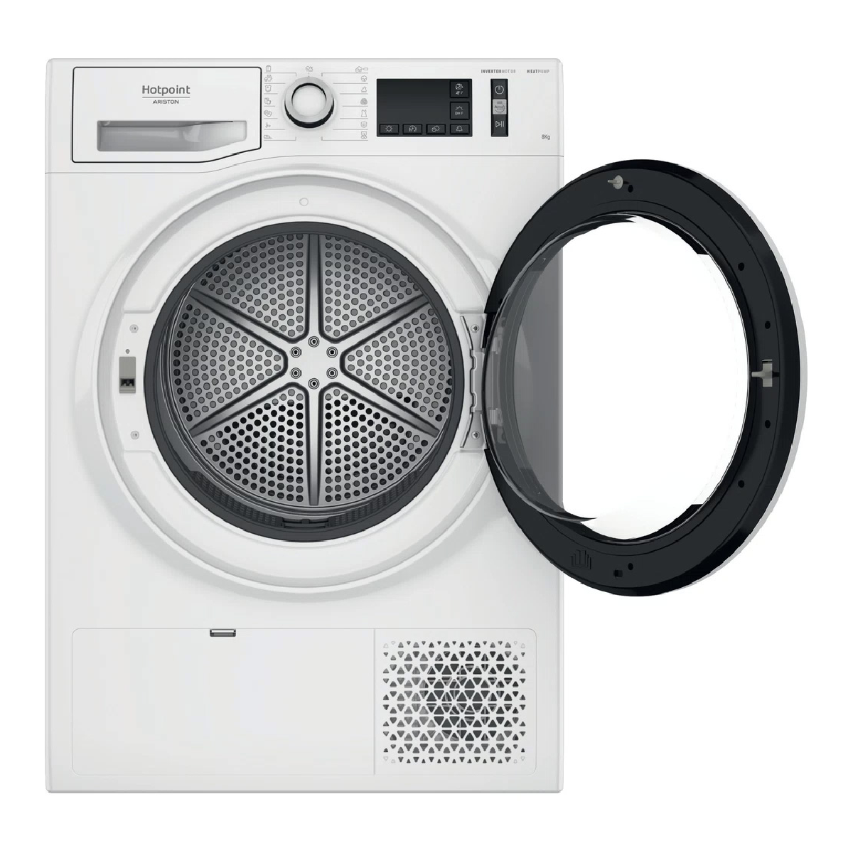 Asciugatrice Hotpoint bianca con porta aperta, mostrando l'interno del cestello.